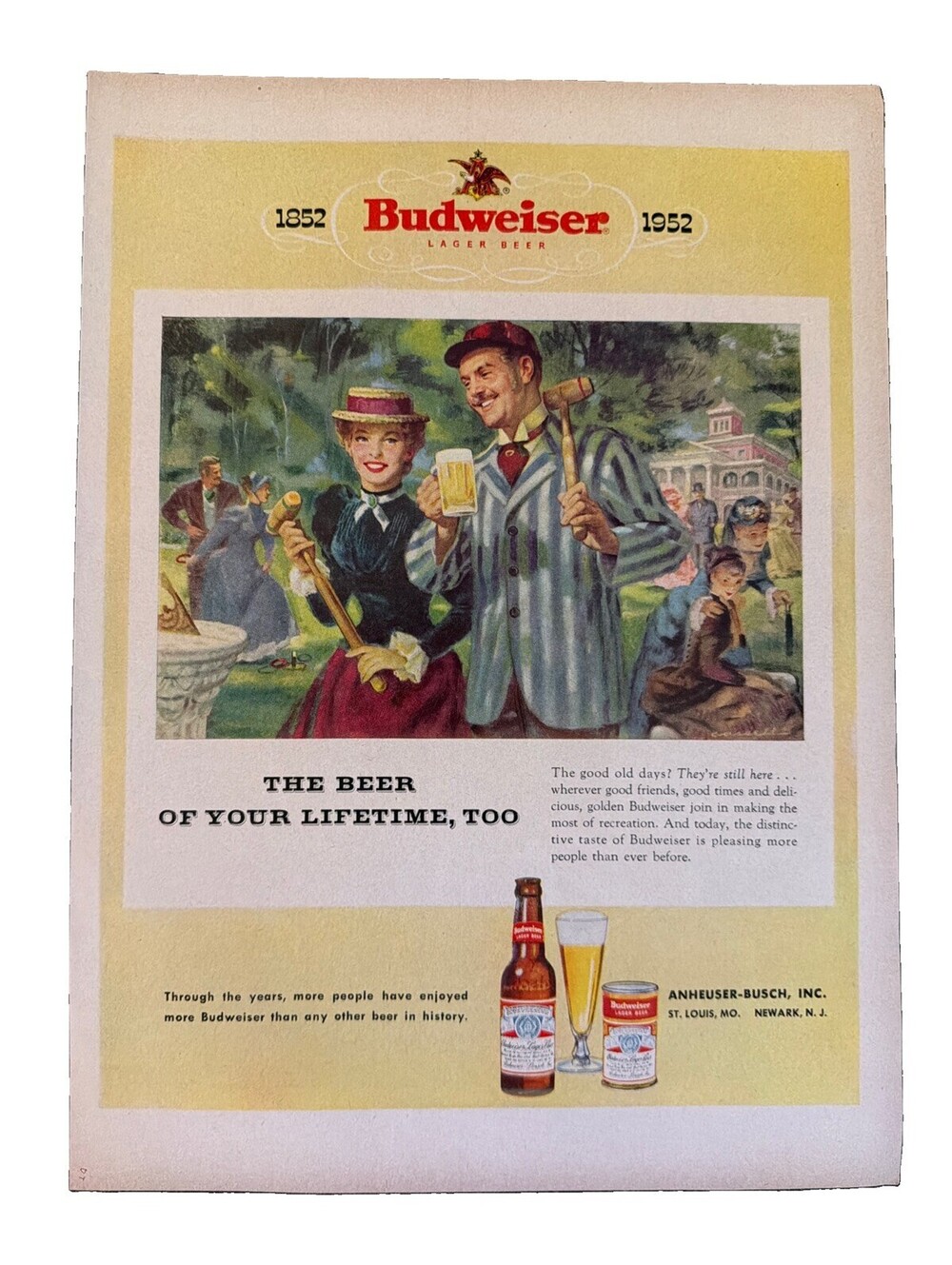 1952 Budweiser Beer Company Print Ad Anheuser-Busch Illustrated Crocker Lager